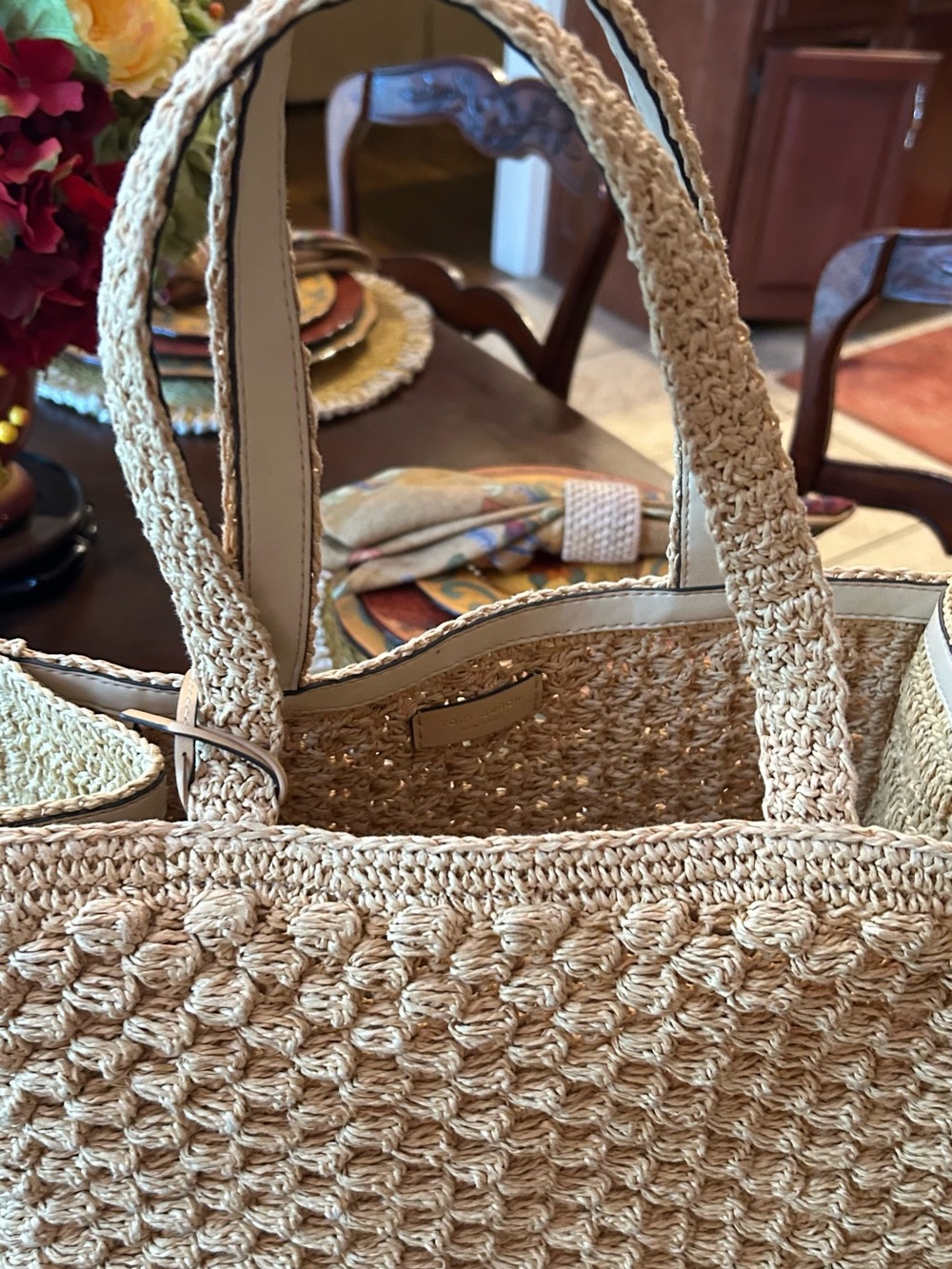 Tory Burch Small. Raffia -Crocheted Popcorn Tote in Natural Beige - Picture 9 of 12